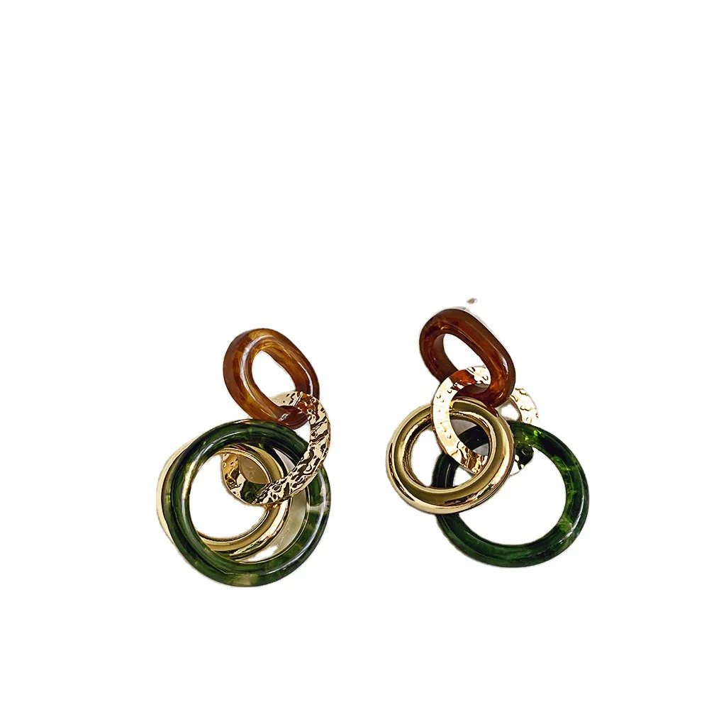 

kshmir Metallic resin multi-ring chain earrings female retro small crowd contrast color design earrings
