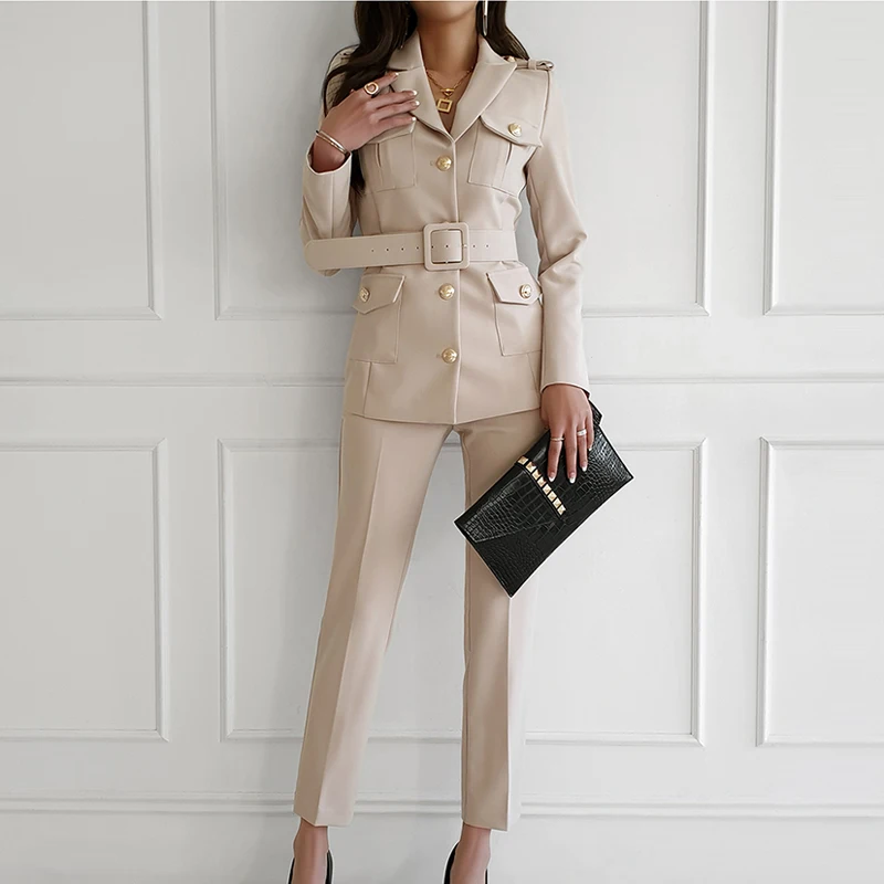Autumn Office Pants Sets Women's 2 Piece Set Solid Single-Breasted Slim Blazer With Belt Female Outfit Fashion Korean Clothing