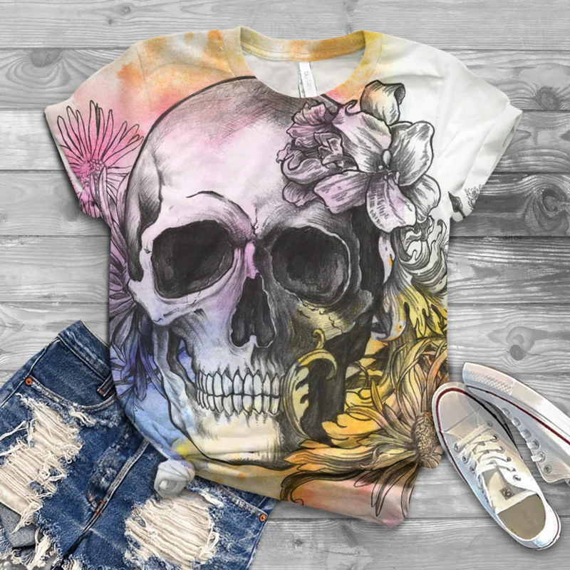 

New ladies fashion plus size T-shirt round neck fashion street Harajuku European and American style 3D skull trend top T-shirt