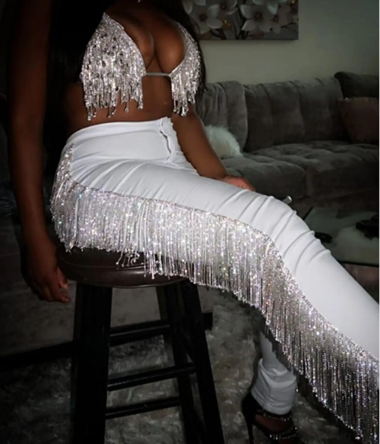 Модные женские длинные штаны с кисточками и бусинами высокой талией большие