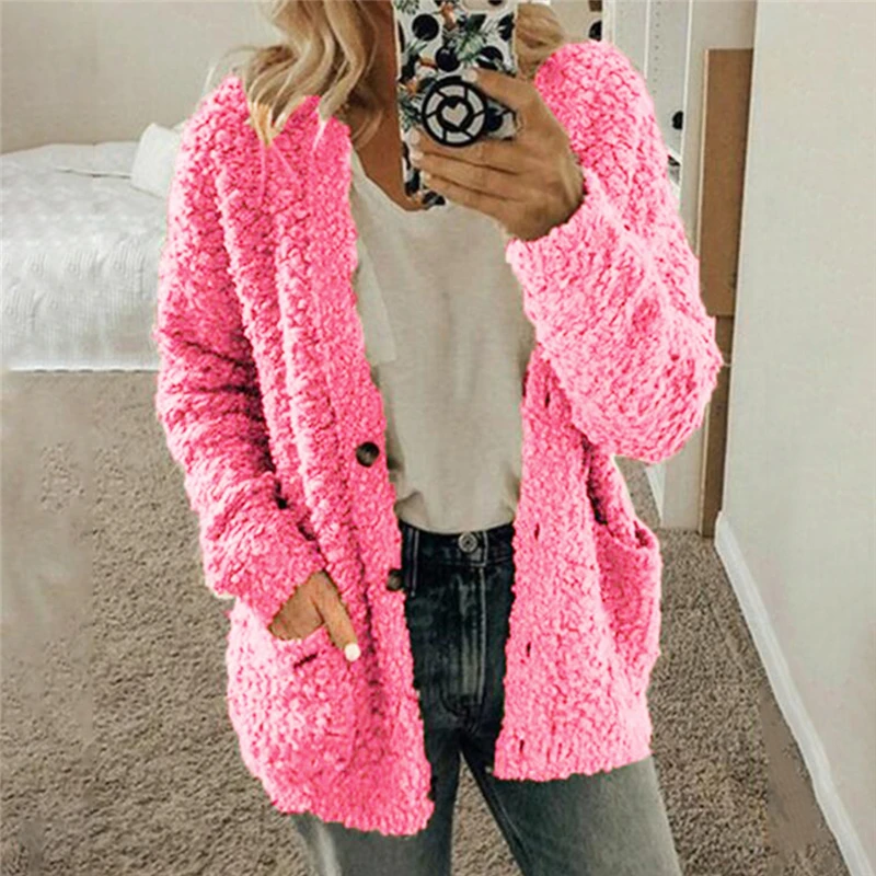

Autumn / Winter 2021 Women's Wool Coat Coat Women's Warm Soft Button Fur Jacket Women's Plush Coat Pocket Casual Teddy Coat
