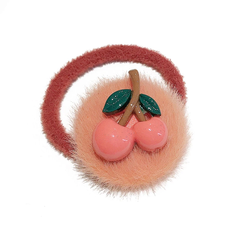 Sweet Cherry Hair Rope Ties For Girls Candy Color Faux Fur Elastic Bands Accessories 1PC Women Korean Plush Scrunchies |