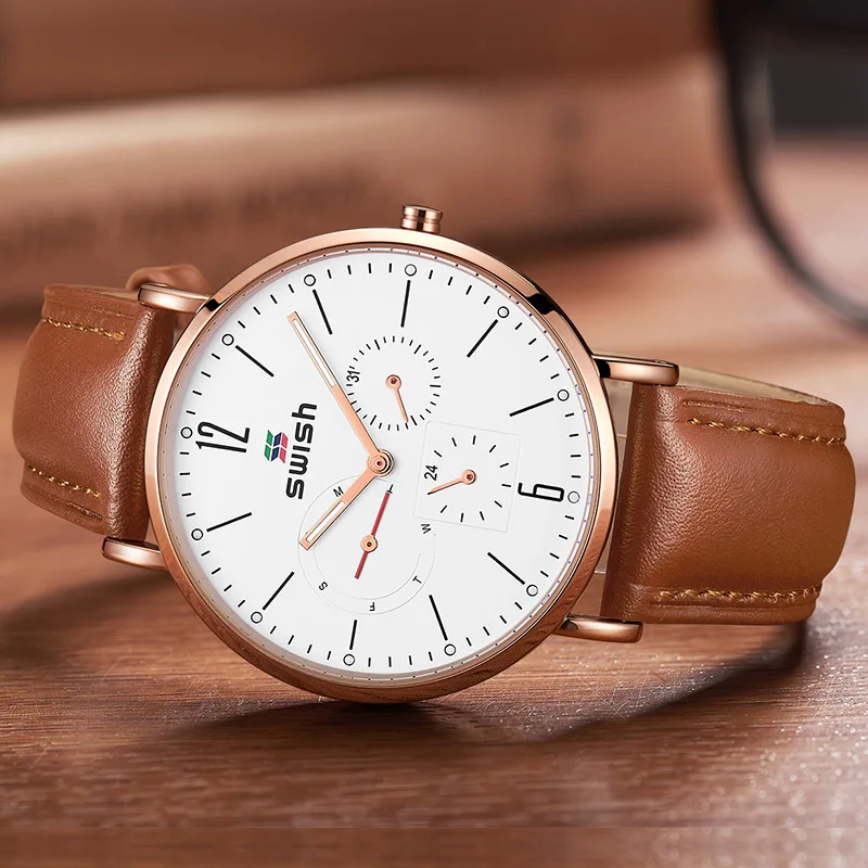 

SWISH Top Brand Wristwatch Fashion Black Strap Men's Watches Blue Gold Luxury Leather Watch Wrist Clock Retro Watch For Men 2021