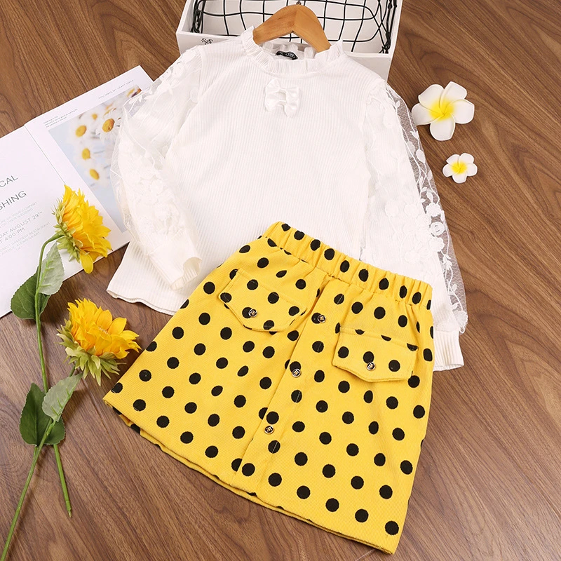 

Baby Girl Clothes Set Spring Fashion Lace Embroidery Knitted Top + Polka Dot Skirt Suit 2022 New Long Sleeve Children's Clothing