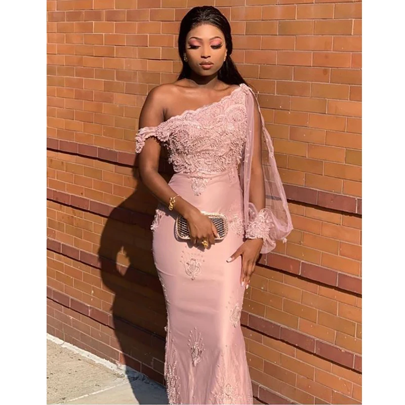 

Verngo Pink Mermaid Evening Dress Elegant Formal dress Long Sleeves Prom Dress Lace Party Gowns Sukienka Wieczorowa