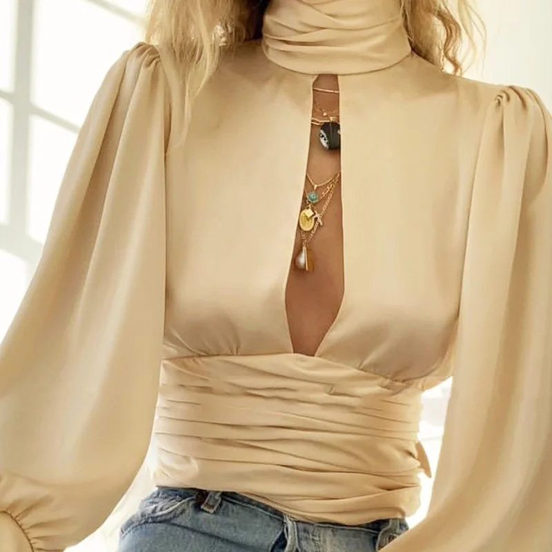 

2021 Autumn Elegant Ruched Pleated Slit Backless Silk Shirt Apricot Fashion High Collar Tie Bow blouse women Sexy blusas Tops