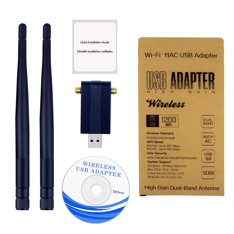USB3.0 беспроводная сетевая карта с двойной антенной 1200 Мбит/с для Windows Win7 Win8 Win10