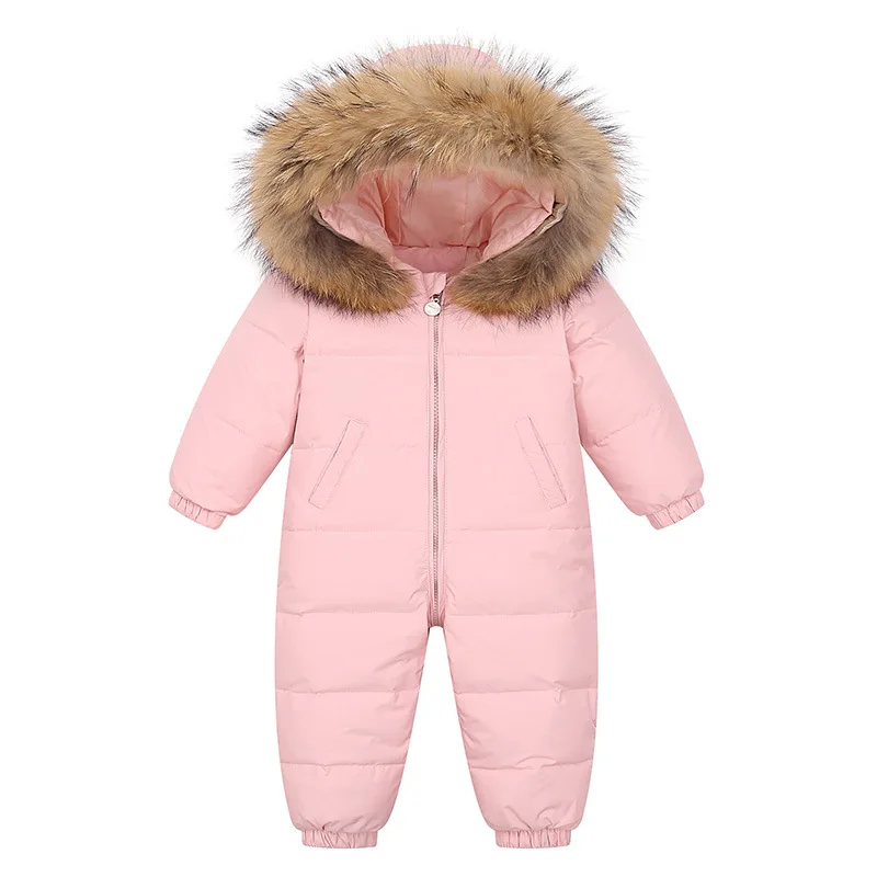 

2023 Baby Duck Down Clothes For Boys And Girls Pure Color Winter Snowsuits 0-3y Toddler Overalls Long Sleeve Infants With Fur