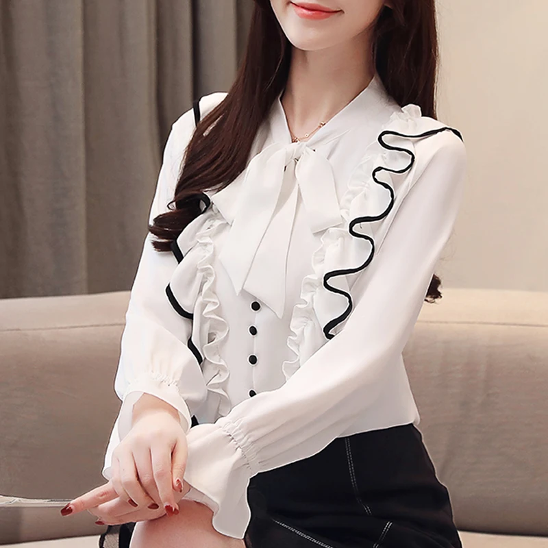 

New Fashion 2021 Autumn Chiffon Women Blouse Long Sleeve Flare Sleeve Sweet Party Women Clothing Casual Women Tops 5304 50