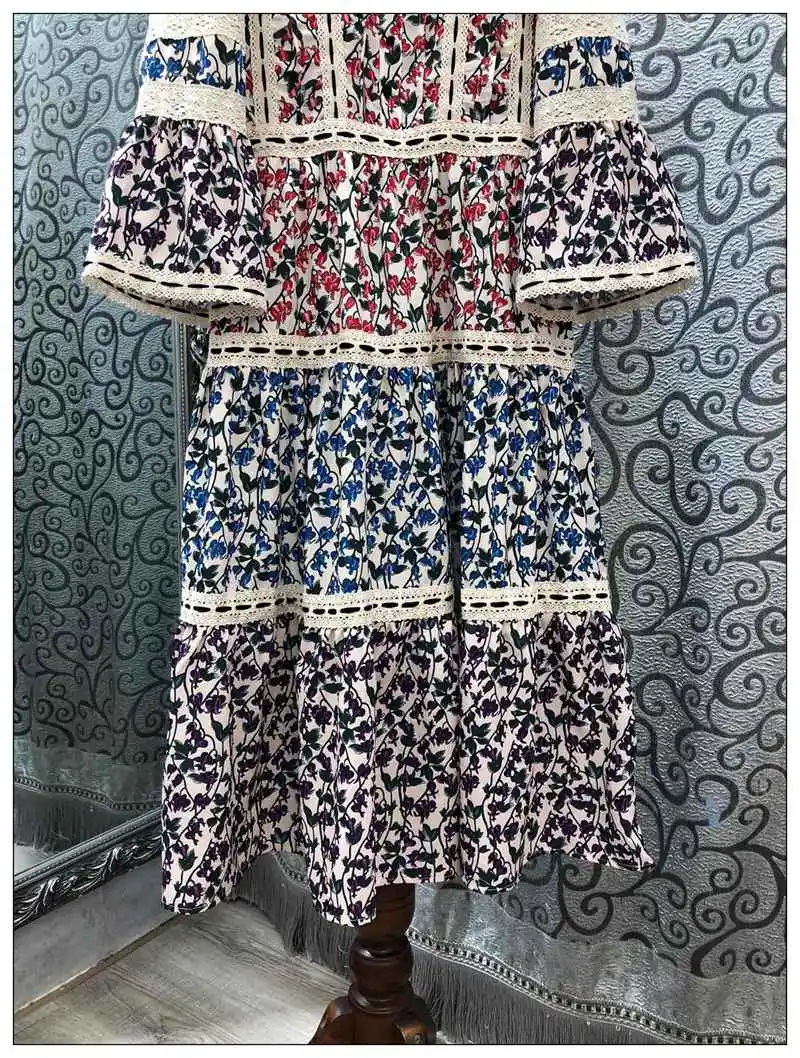

Top Quality New 2020 Autumn Women Vintage Floral Print Appliques Lace Patchwork Flare Sleeve Mid-Calf Length Cotton Dress