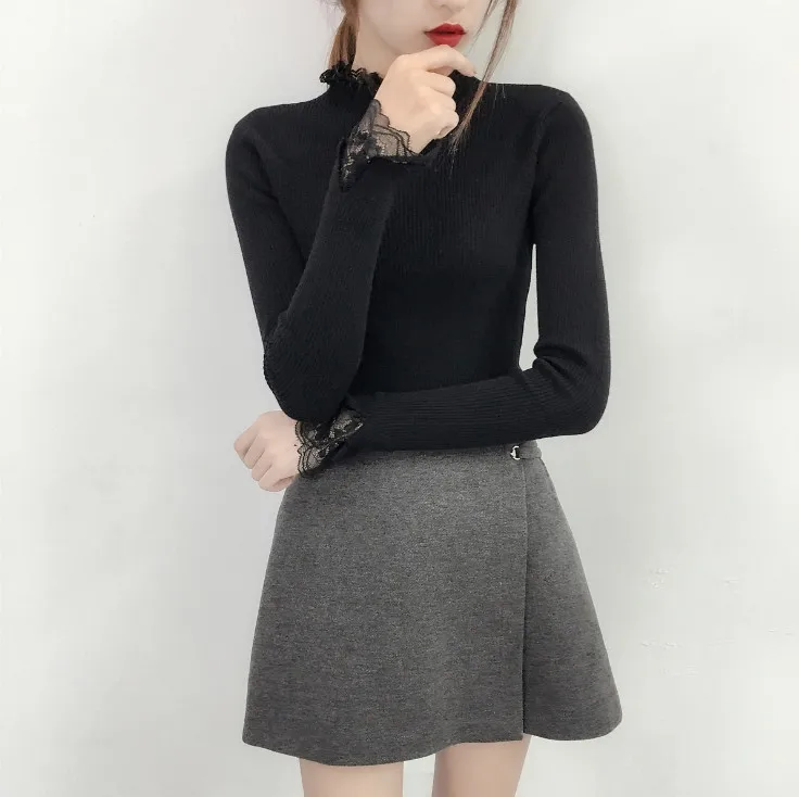 Женский свитер рубашка женские модные пуловеры тонкий вязаный с рюшами на шее и