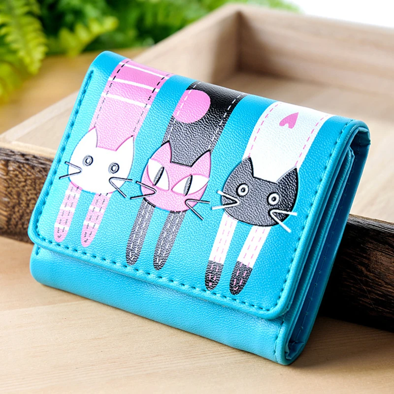 Модный короткий кошелек женский маленький с мультяшным котом для студенток
