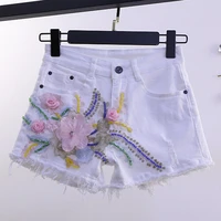 summer women embroidery beads flowers wide leg white denim shorts womens high waisted jeans shorts