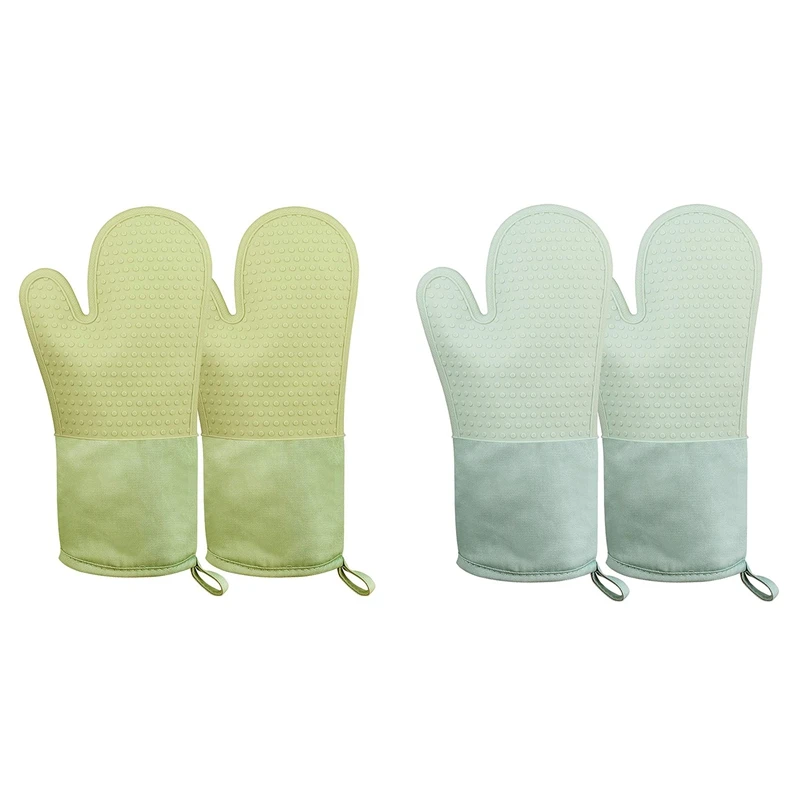 

2 Pairs Heat Resistant Pot Holders Non-Slip Silicone Oven Mitt With Soft Inner Lining For Kitchen, BBQ, Yellow & Blue