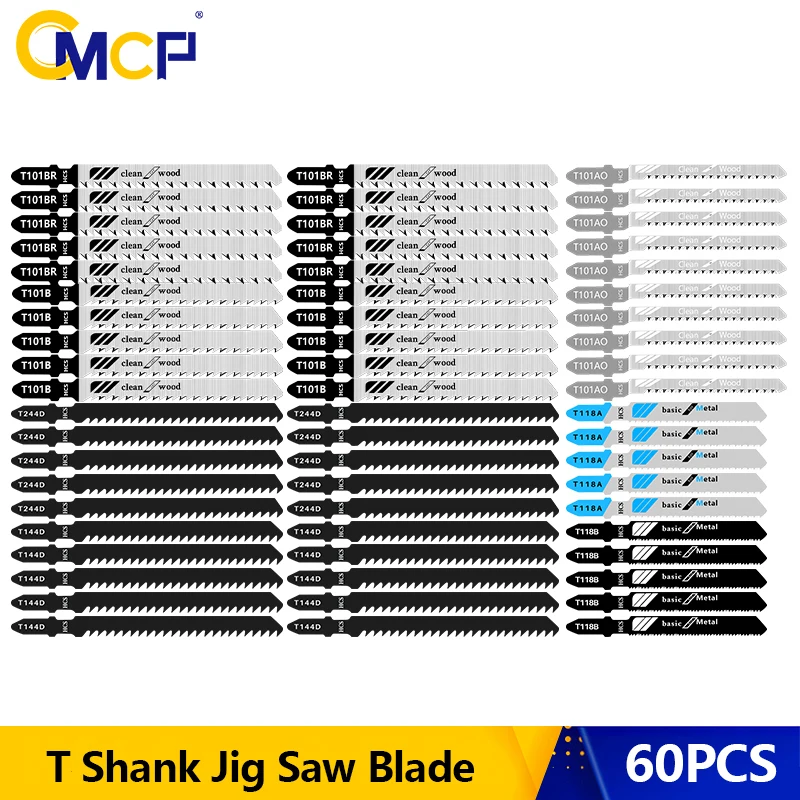 

CMCP Jig Saw Blade 60pcs T-Shank Jigsaw Blade for Wood Cutting HCS Steel Saw Blade T118A T118B T101AO T101B T101BR T144D T244D