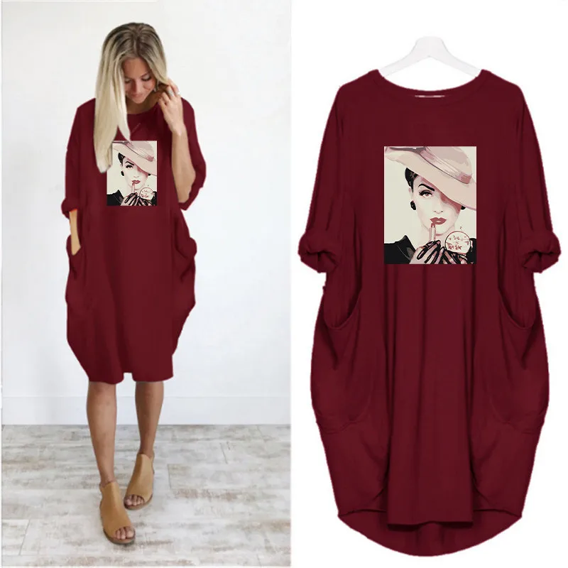 

Plus Size Women Loose Dress Retro Girl Print Long Sleeve O Neck Pocket Casual Streetwear Vestidos Women Midi Dresses Robe Femme