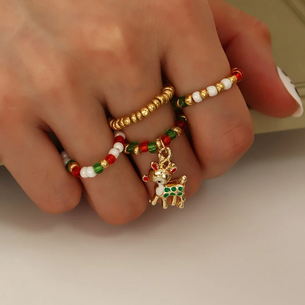 

2021 New Fashion Colorful Handmade Beaded Ring Sets Christmas Party Jewelry Accessories Cute Elk Gifts Charm Rings For Women