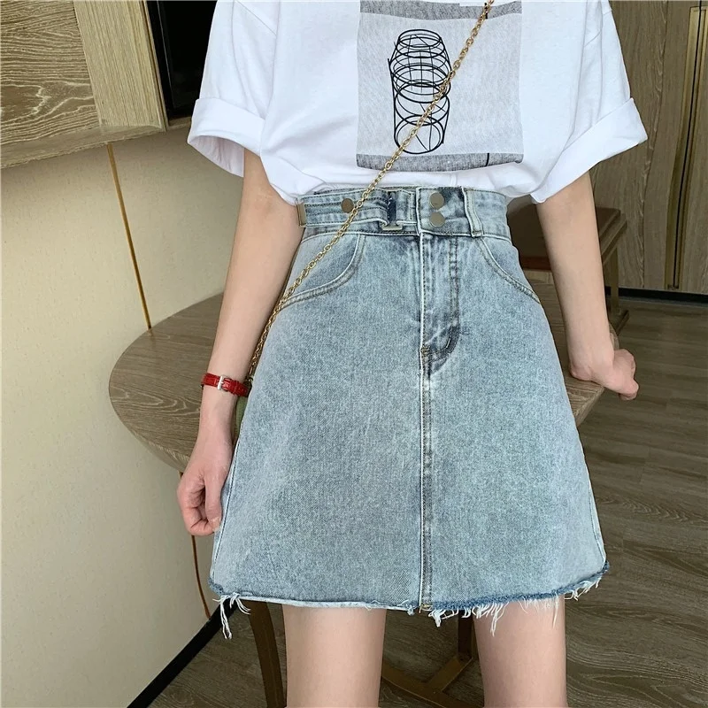 

2021 Spring and Summer New All-Matching A- line Skirt Frayed Fairy Denim Skirt Adjustable Petite Skirt Spring and Autumn