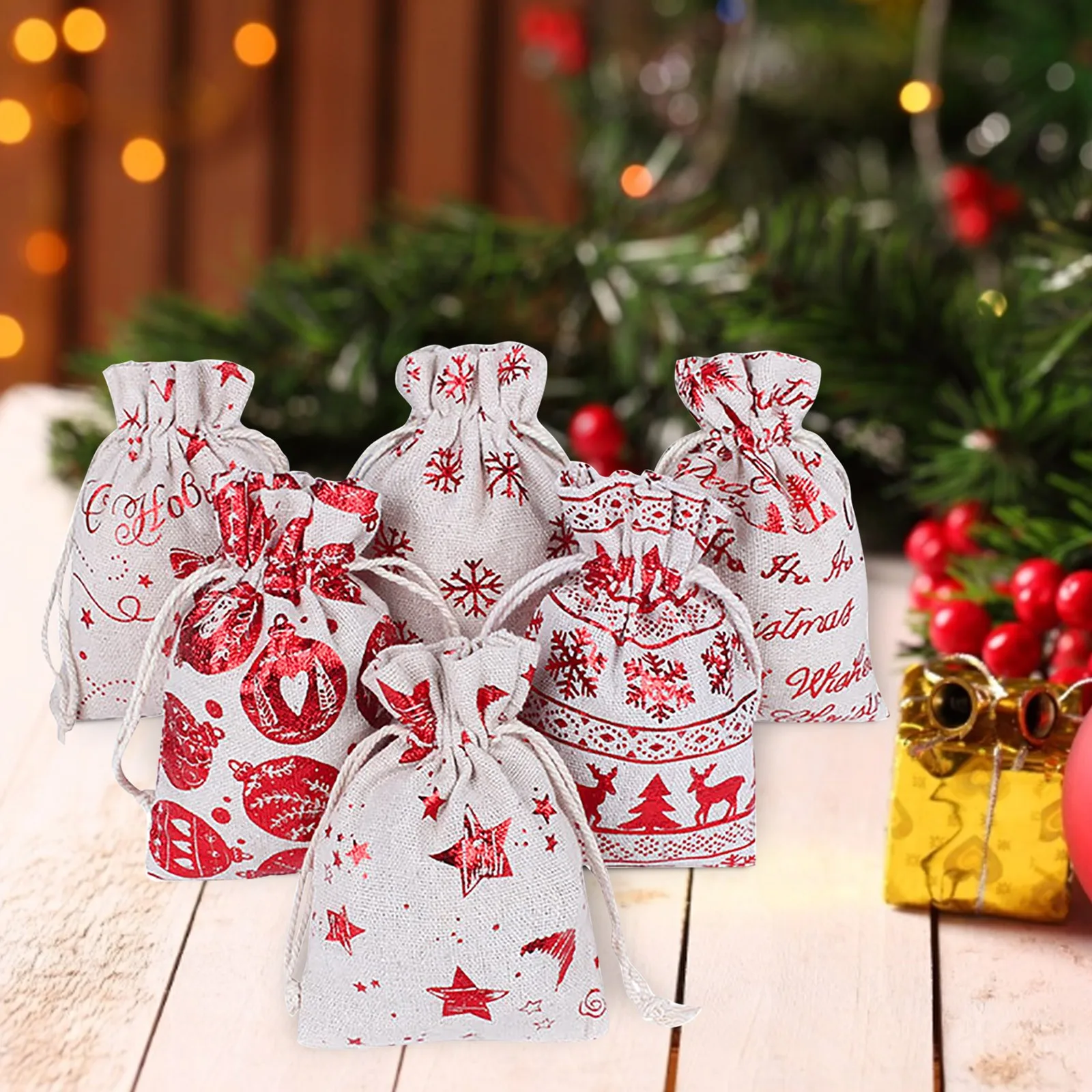 

Рождественские подарочные пакеты на шнурке из хлопка и льна, Рождественская сумка с горячим тиснением, креативный обратный отсчет, подарок ...