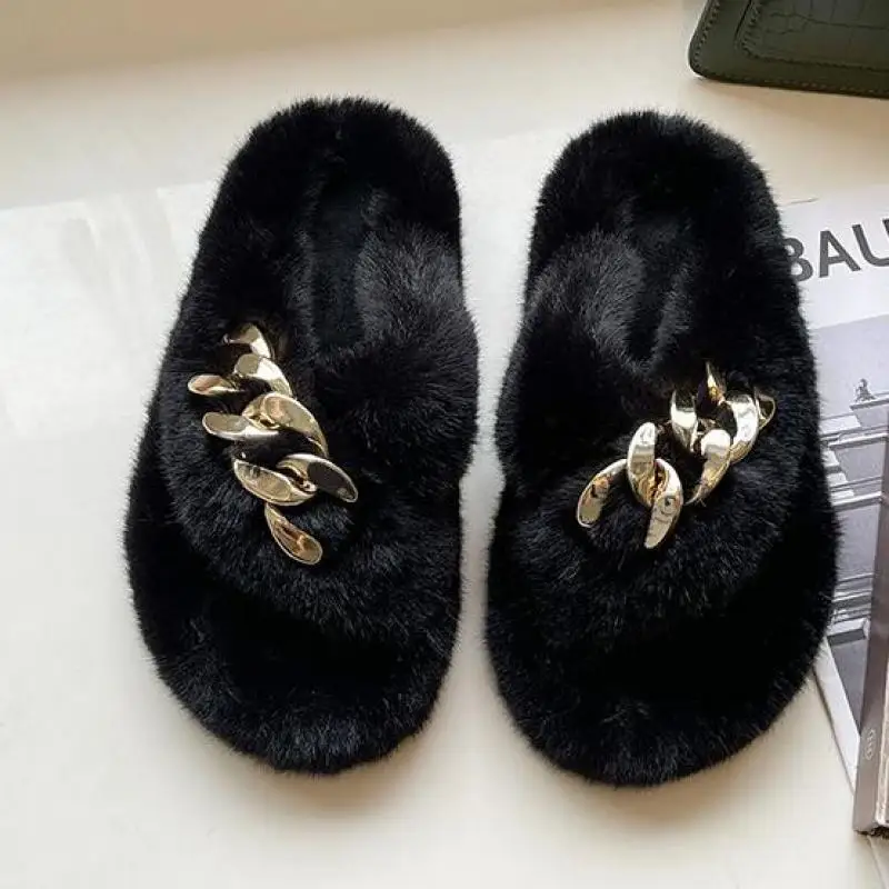 Summer Fluffy Women Slippers Gold Chain Fur Fox Flip Flop Flat Slides Indoor Ytmtloy House Shoes Zapatillas Mujer Casa | Обувь