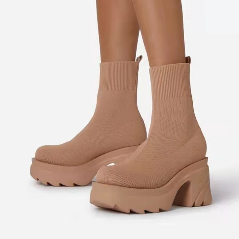

Женские Эластичные Ботинки, Ботильоны большого размера с круглым носком, на высоком квадратном каблуке, без застежки, 2022