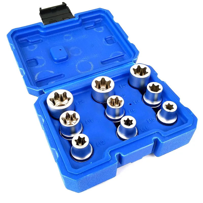 

9Pcs E-Socket 1/2" Torx Star Bits Chromium-vanadium Steel Female Socket Nuts Set E10/E11/E12/E14/E16/E18/E20/E22/E24 Hand Tools