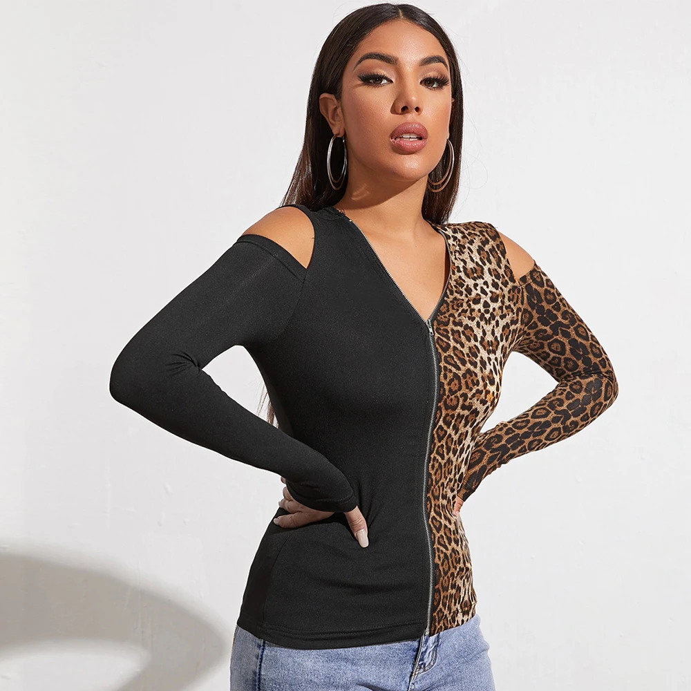 

Новинка осени FridayIn, Женская Сексуальная футболка контрастных цветов с V-образным вырезом, Приталенный топ с вышивкой, женская одежда с длинн...