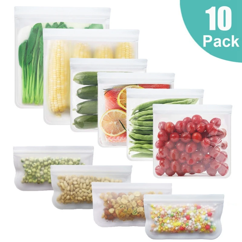 

10PCS Reusable Stand Up Zip Shut Bag Silicone Food Storage Containers Leakproof Cup Fresh Bag Food Storage Bag Kitchen Supplies