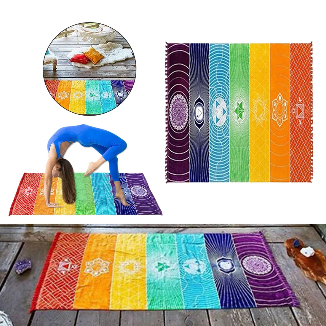 

Polyester Bohemia Wall Hanging India Mandala Blanket 7 Chakra Colored Tapestry Rainbow Stripes Travel Beach Yoga Mat Exercisemat