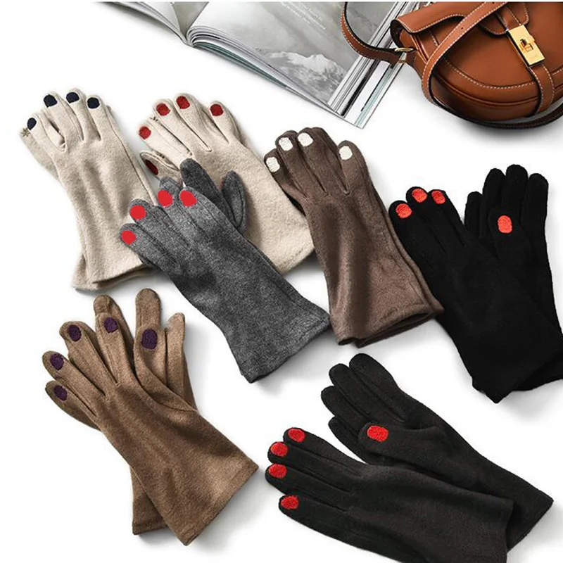 Cute nail polish Embroidery Cashmere Gloves Women Wool Velvet Thick Touch Screen Gloves Female Winter Warm Driving Gloves H100
