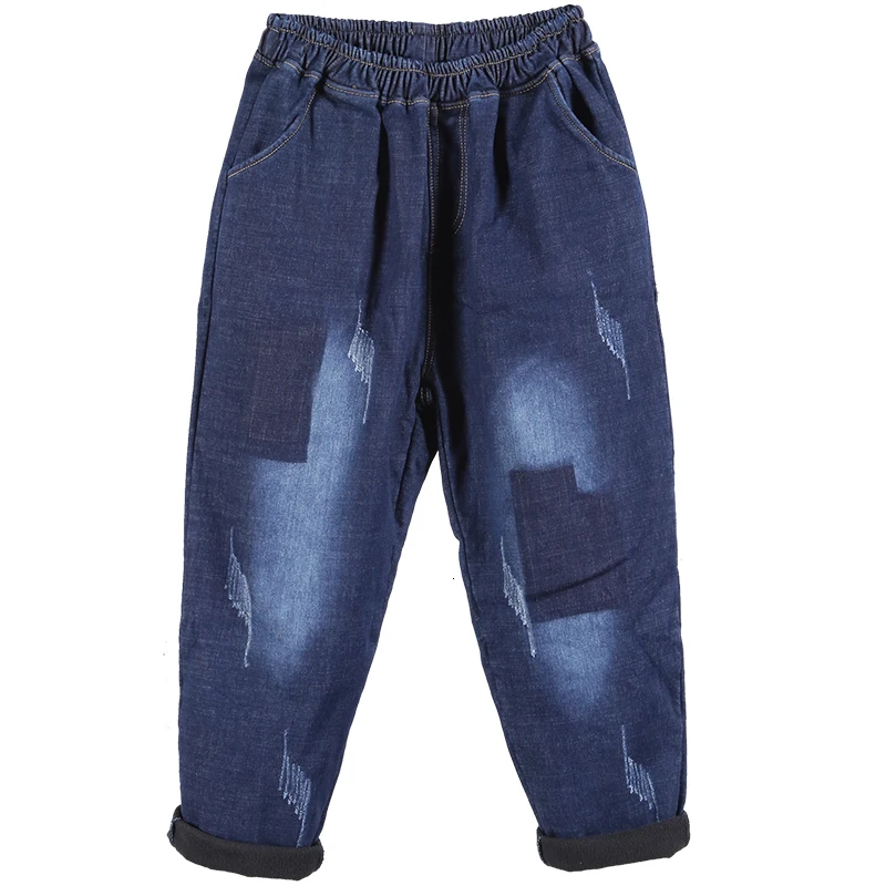 Мешковатые синие флисовые Джинсы женские теплые бархатные ковбойские штаны с