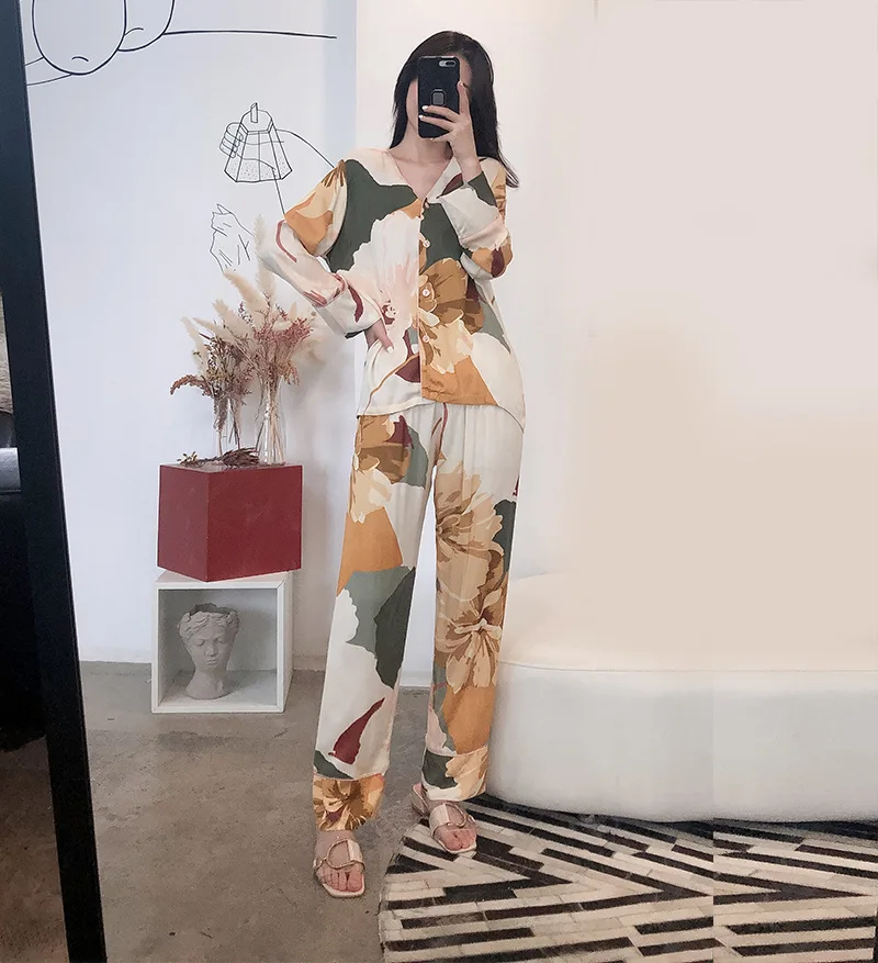 Autumn Ink Printing V-neck Long-sleeved and Long Trousers Suit Sleepwear for Ladies Large Size Cardigan Home Two-piece Clothes