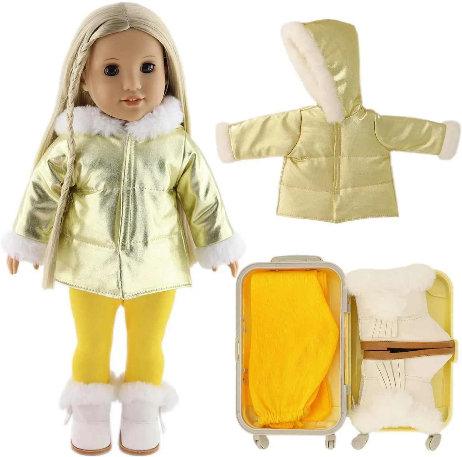 2021 American Doll Yellow Suitcase Travel Carrier Storage Down Jacket Leggings and Boots Winter Clothes for Girl 18 Inch | Игрушки и