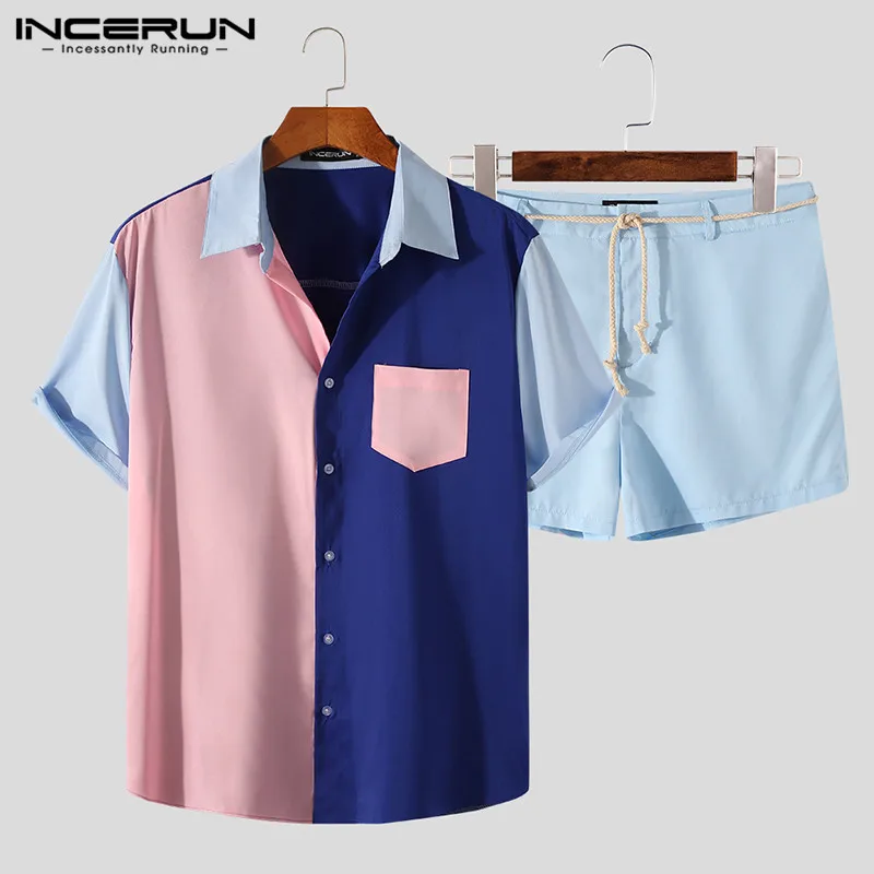 

Men Patchwork Short Sleeve Sets INCERUN Summer Colorful Button Shirts Lace Up Shorts 2 Pieces Man Hawaiian Beach Loose Suits 3XL