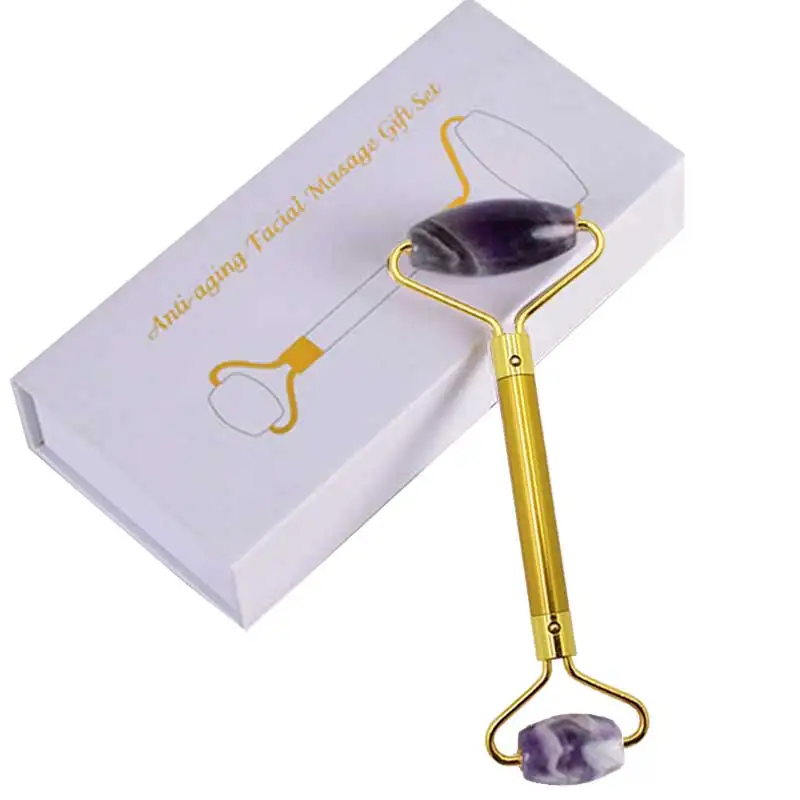 Натуральный нефритовый ролик, аметист, массажный набор, фиолетовый кристалл, массажер, набор с коробкой, настоящий каменный ролик для лица, инструмент для лифтинга лица