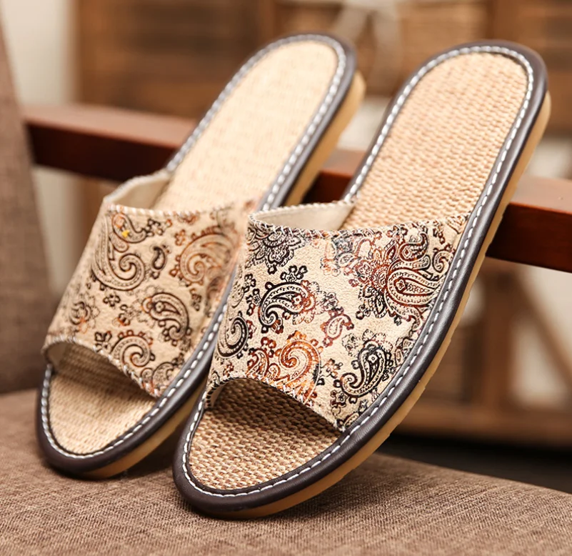 

Flax sandals female summer lovers home men's leather slippers European indoor floor antiskid