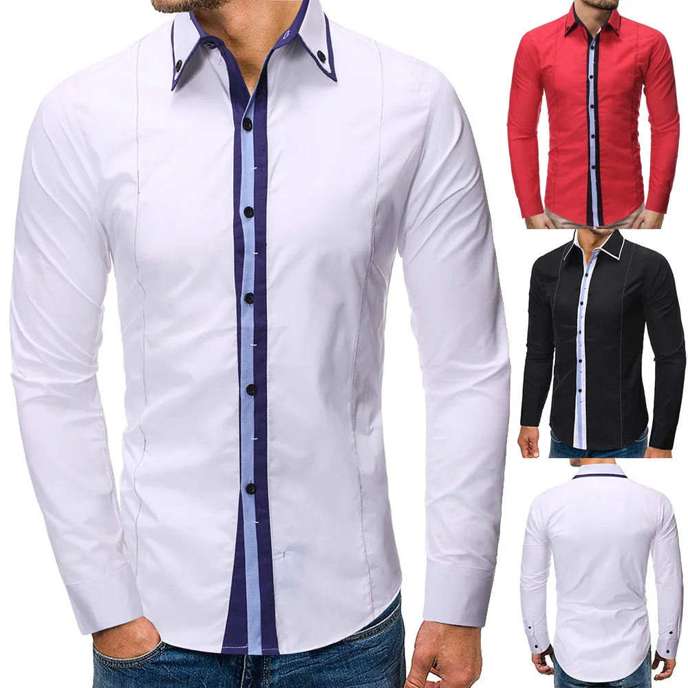 Mens brand new creative personality casual fashion business long sleeve stitching shirt mens dress shirts black | Мужская одежда
