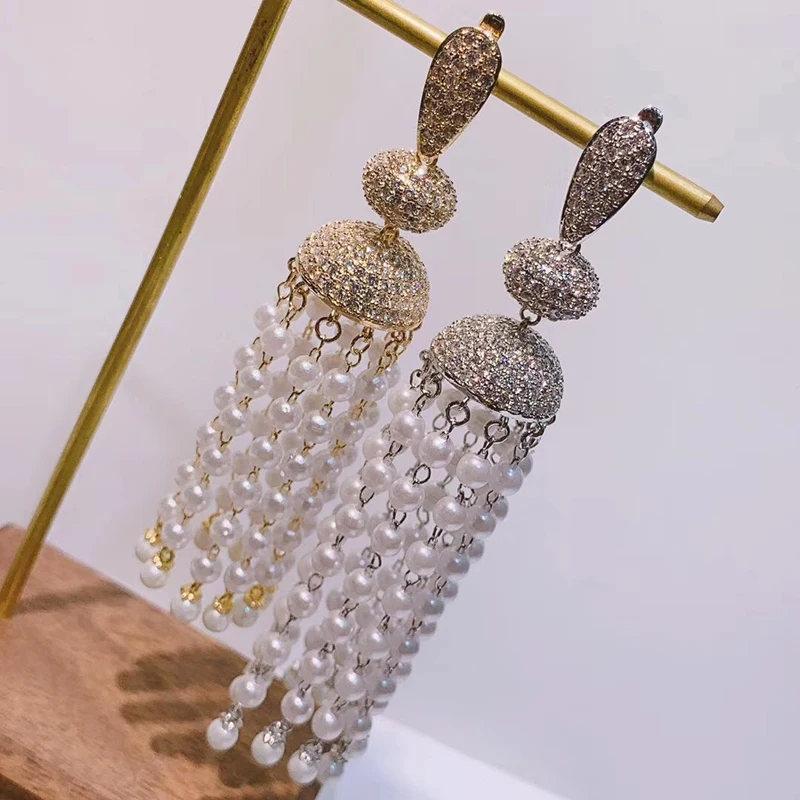 

S925 Silver Needle Exaggerated Personality Long Tassel Pearl Lantern Earrings 210322-41