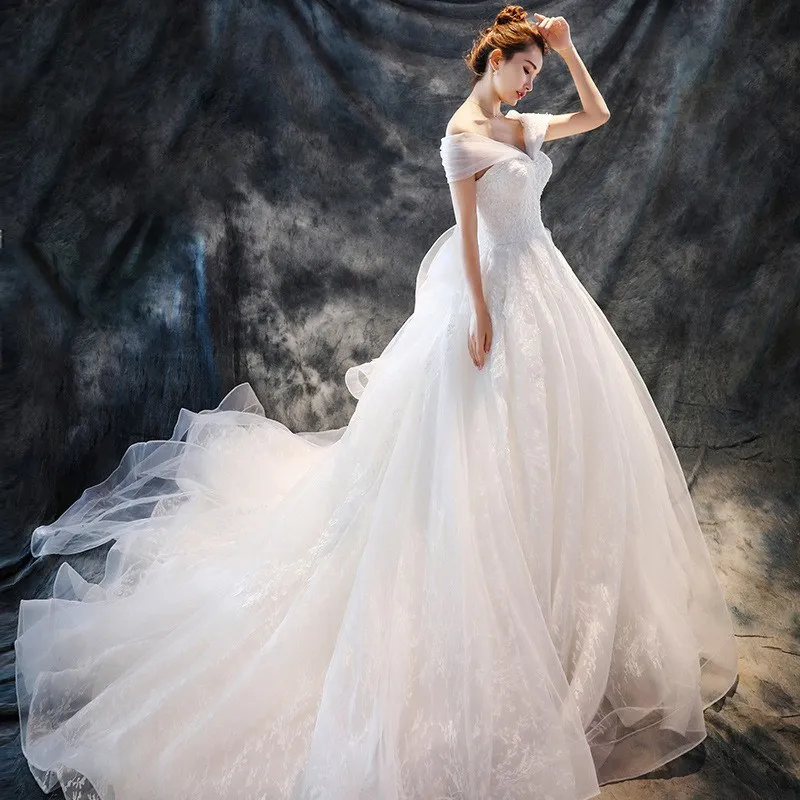

Off The Shoulder Organza Lace Vintage Ball Gown Wedding Dresses Court Train vestido de noiva Bride Dress 1