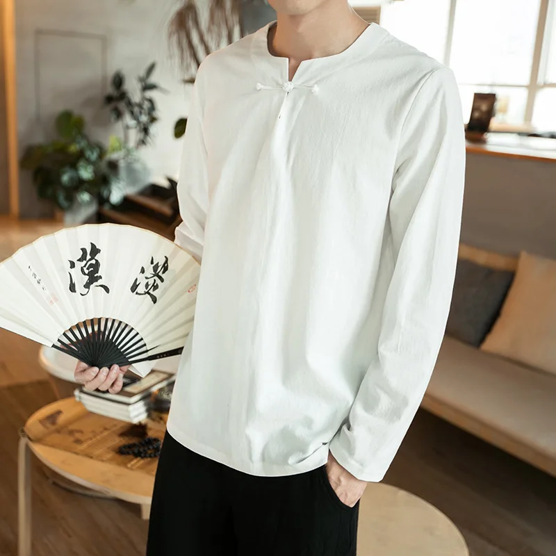 Men Sweatshirts Cotton Linen Chinese Traditional Long Sleeve Shirt Casual Jogger Taichi Meditation Kungfu Yoga Shirt Activewear