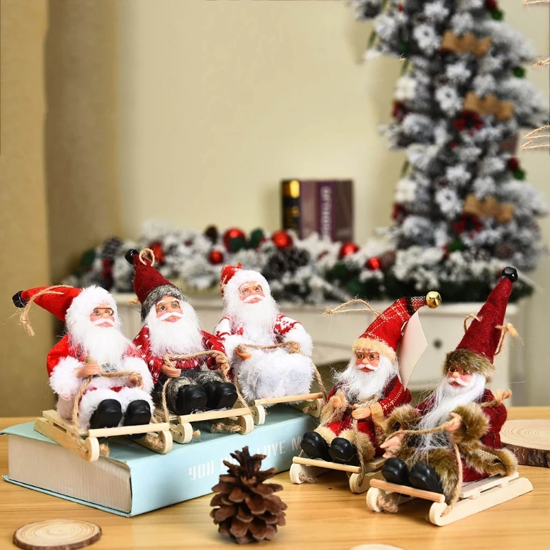 Christmas Sled Ski Santa Claus Doll Hanging Pendant Figurines Xmas Tree Ornament Plush Toys Holiday Party Decoration New Y5GB