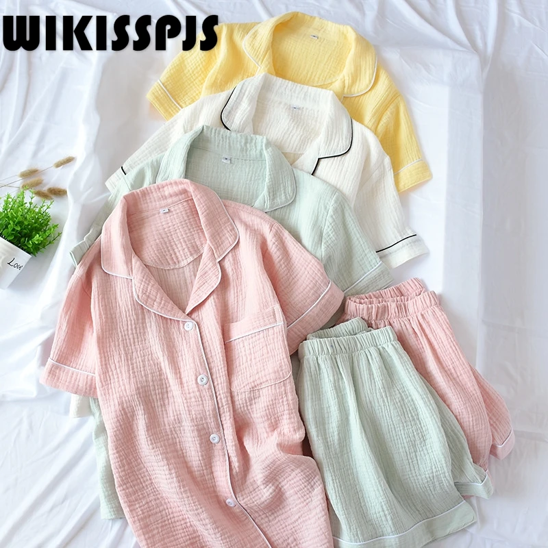 

New Summer Women's Pajamas Cotton Crepe Short Sleeve Shorts Home Wear Pajamas for Teen Girls Lounge Wear Two Piece Set Summer