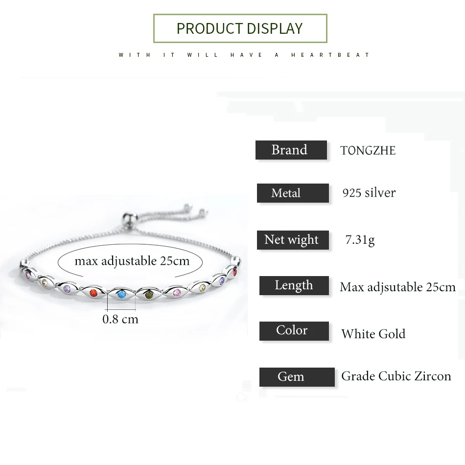 Женский браслет для тенниса TONGZHE регулируемый из стерлингового серебра 925 пробы с