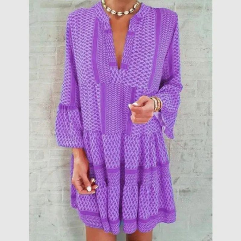 

2021 New Spring Women Mini Dress Boho Casual Loose Dress Long Sleece V-Neck Beach Printed Pleated Slim Party Dress Lady Vestidos