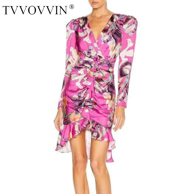 

TVVOVVIN New Puff Sleeve V-Neck Printed Ruched Ruffle Dress Sexy Pleated High Waist Irregular Patchwork Printed B336
