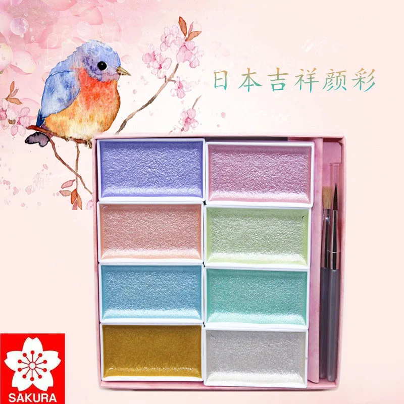 

sakura 8 Solid Watercolor Paint Set With Water Brush Pen Foldable Shiny color Water Color Pigment For Draw