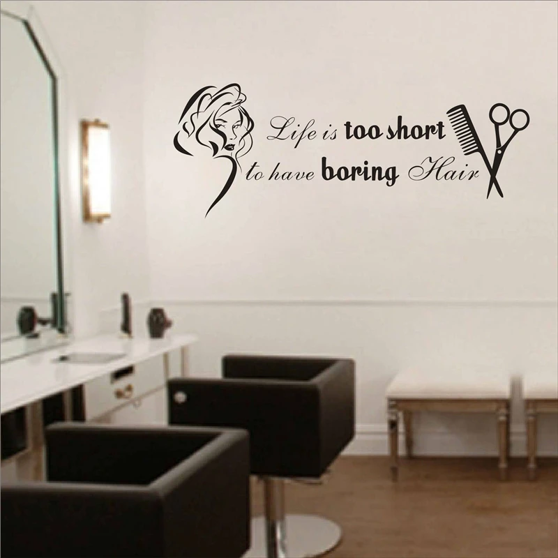 

Hair Salon Wall Stickers Vinyl Girls Beauty Salon Decor Barber Shop Wall Decal Quotes Life Is Too Short To Have Boring Hair P247