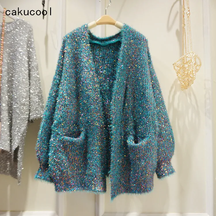 Женский Блестящий кардиган с люрексом Cakucool вязаное пальто длинным рукавом
