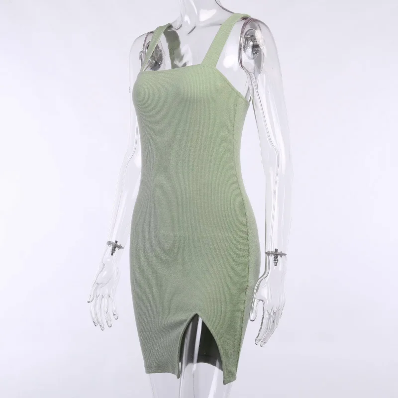 

2021 Sexy Knitted Green Women Dress Backless Sleeveless Summer Casual Party Elastic Solid Bodycon Lady Mini Dress Vestidos