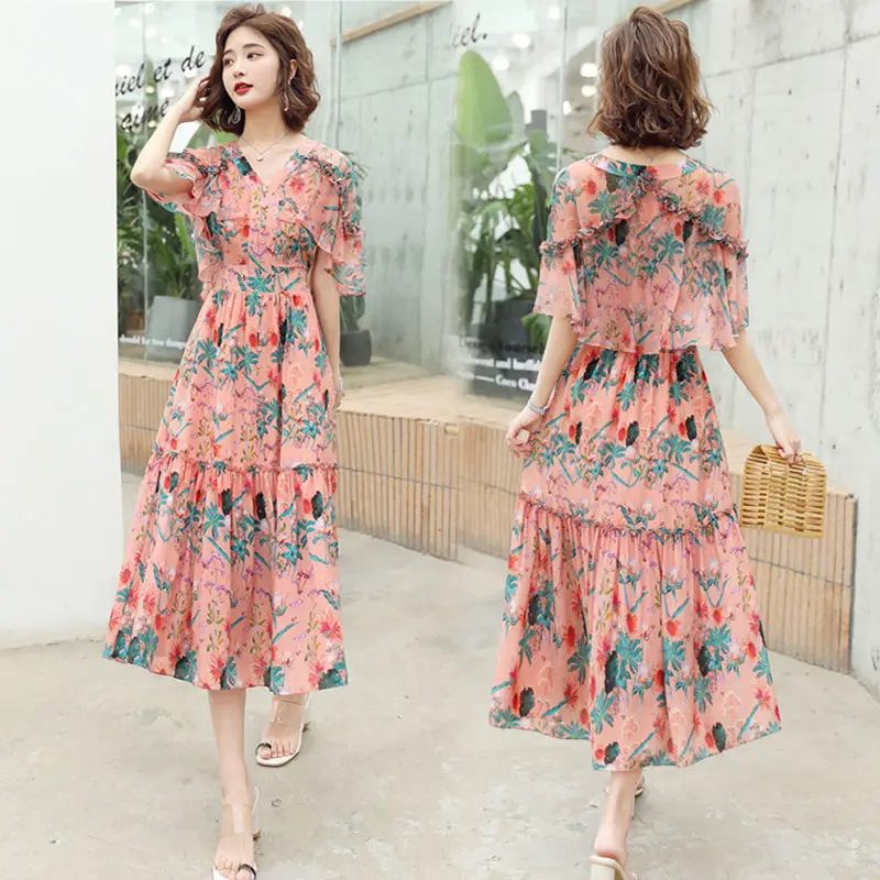 Плащ рукава шифоновое платье с цветочным принтом для женщин складки элегантное